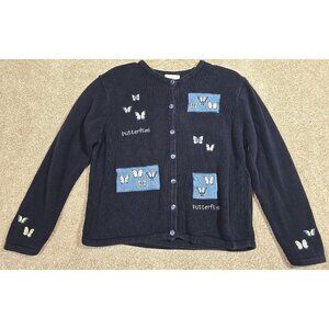 Christopher & Banks Butterfly Sweater Cardigan Ramie Cotton Embroidered Women L